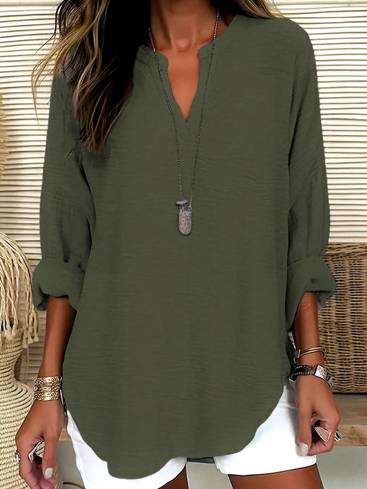 Bluse mit Rundhalsausschnitt - V-Ausschnitt Design & lange Ärmel Passform