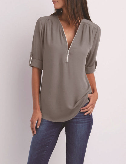 Plus Größe V-Ausschnitt Zip Long Sleeve Shirt | Sexy Casual Bluse für Frauen