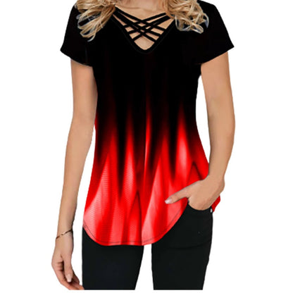 Lässiger Farbverlauf Druck Kreuz V-Ausschnitt Sommer Top | Kurze Ärmel lockeres T-shirt