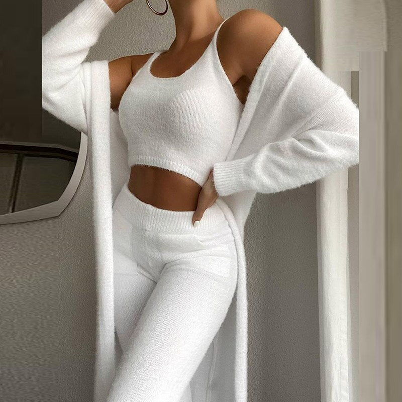 3-tlg. Loungewear Set Rundhalsausschnitt Crop Tops | Women's Casual Pyjama Set