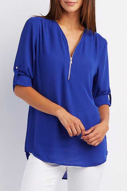 Plus Größe V-Ausschnitt Zip Long Sleeve Shirt | Sexy Casual Bluse für Frauen