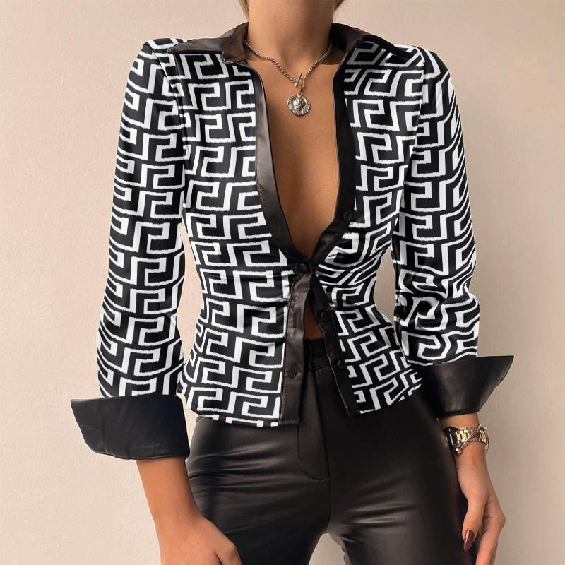 DANICA | Stylische PU Leder Patchwork Druck V-Ausschnitt Bluse