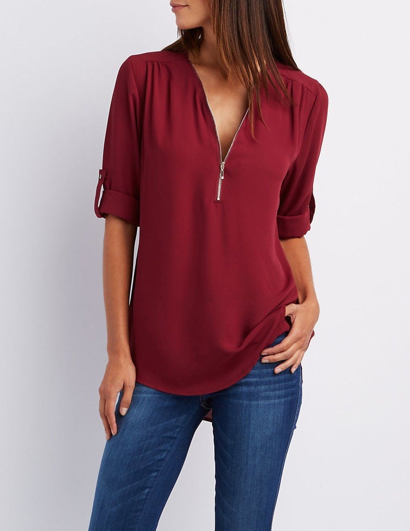 Plus Größe V-Ausschnitt Zip Long Sleeve Shirt | Sexy Casual Bluse für Frauen