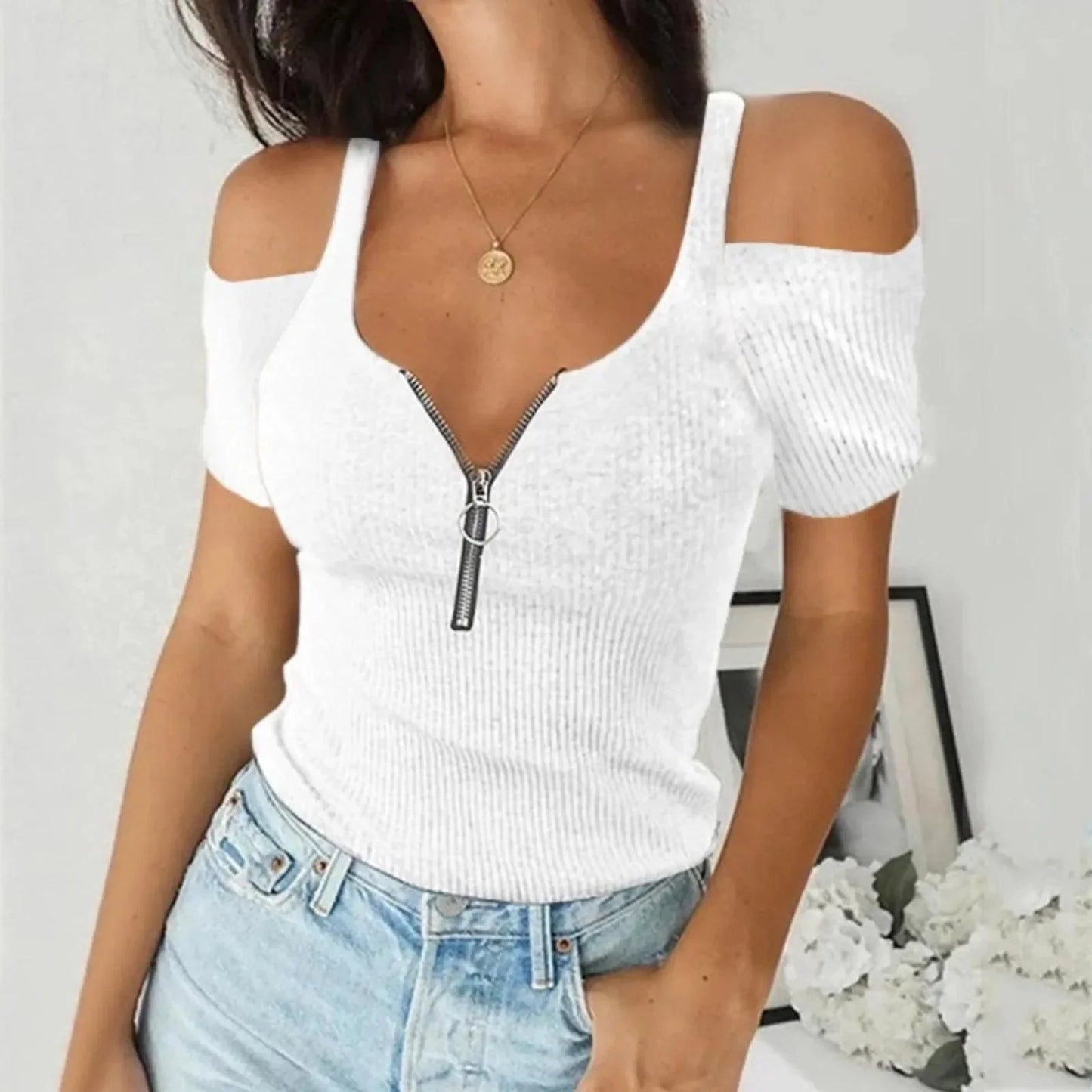 Schulterfreies Top - Trendy - Gerippter Stoff, tiefer V-Ausschnitt mit Reißverschluss - Perfekt für Freizeit und Abendgarderobe
