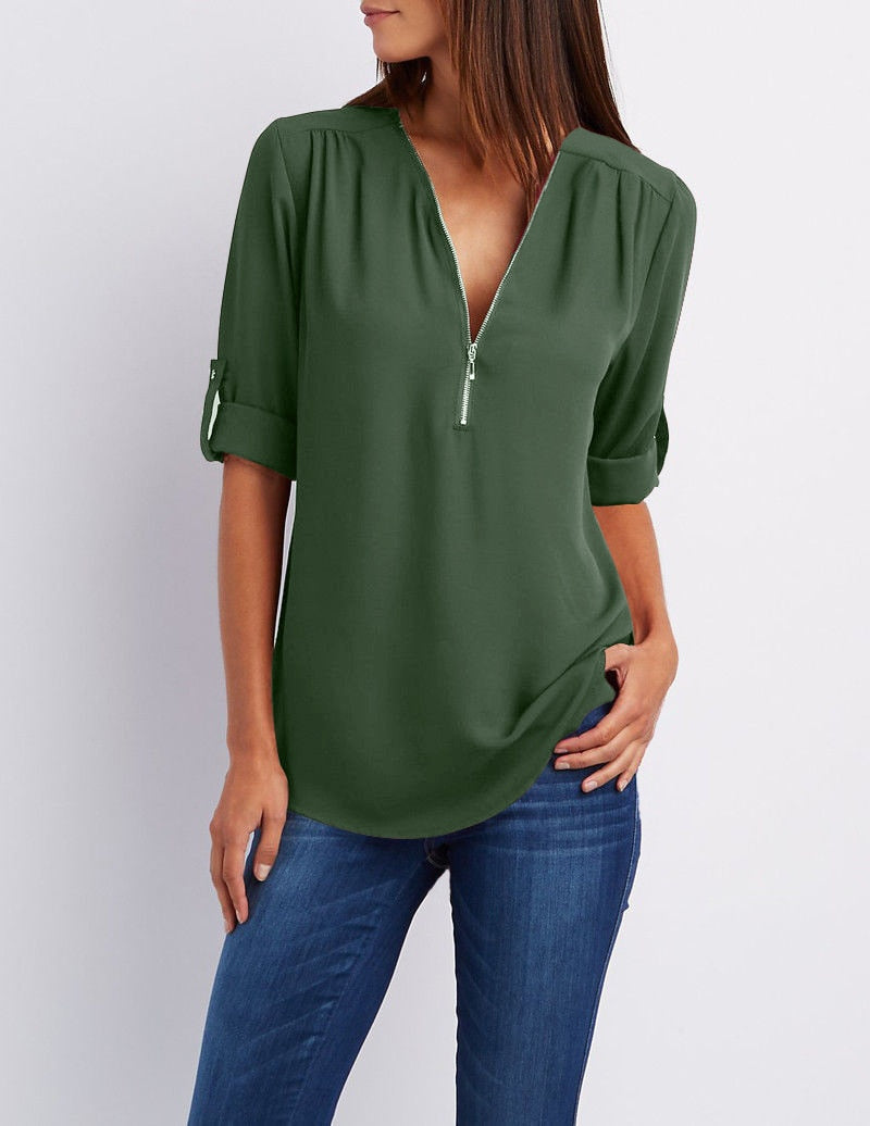 Plus Größe V-Ausschnitt Zip Long Sleeve Shirt | Sexy Casual Bluse für Frauen