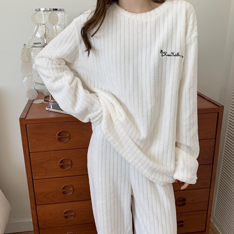 Bequemes Korallenfleece-Pyjama-Set | Warme 2-teilige Loungewear