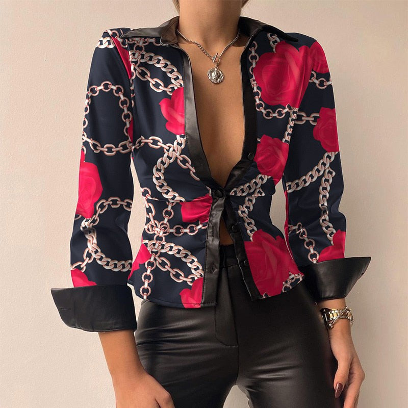DANICA | Stylische PU Leder Patchwork Druck V-Ausschnitt Bluse