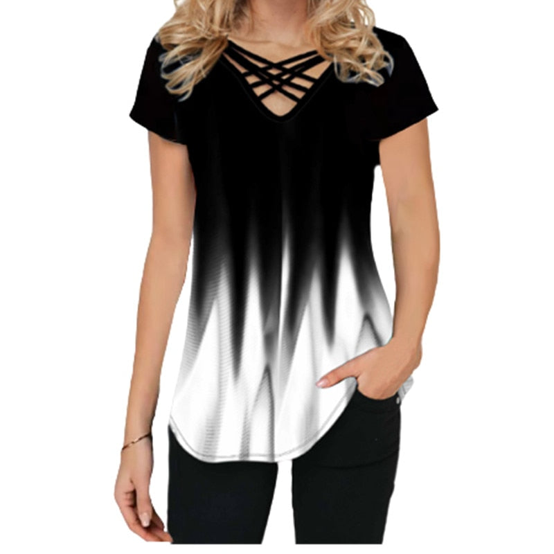 Lässiger Farbverlauf Druck Kreuz V-Ausschnitt Sommer Top | Kurze Ärmel lockeres T-shirt