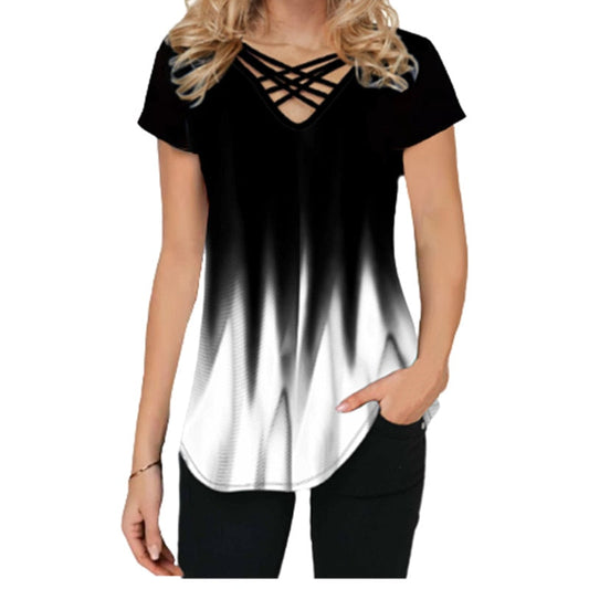 Lässiger Farbverlauf Druck Kreuz V-Ausschnitt Sommer Top | Kurze Ärmel lockeres T-shirt