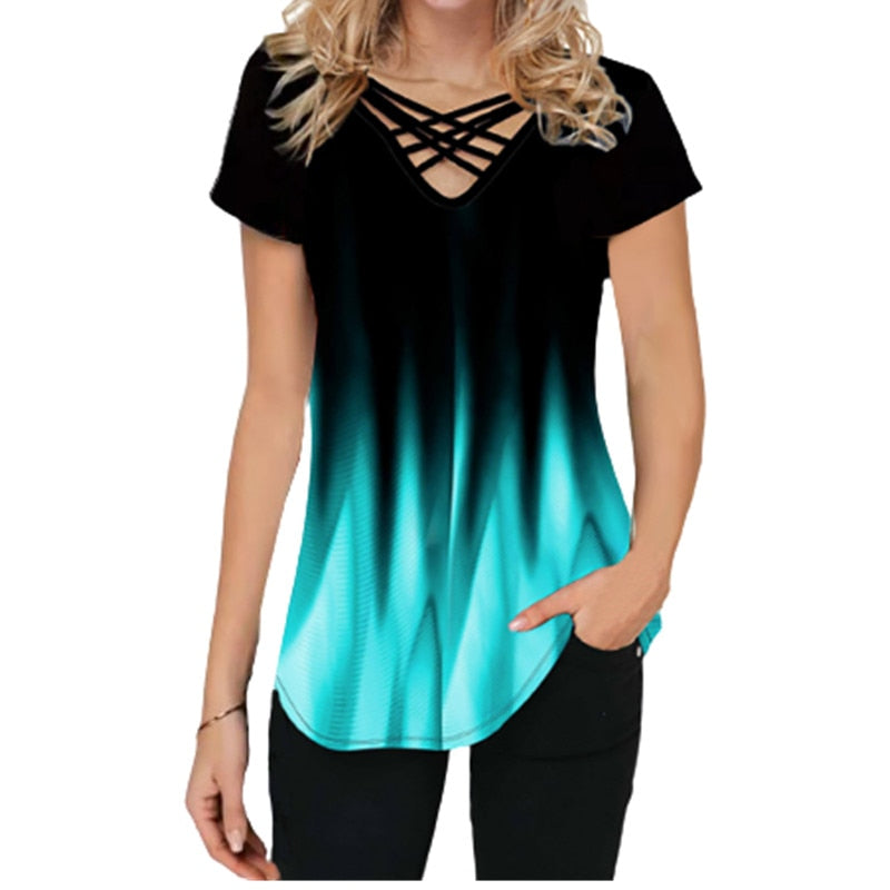 Lässiger Farbverlauf Druck Kreuz V-Ausschnitt Sommer Top | Kurze Ärmel lockeres T-shirt