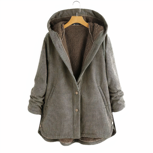 Karierter Wollmantel mit Kapuze für Damen