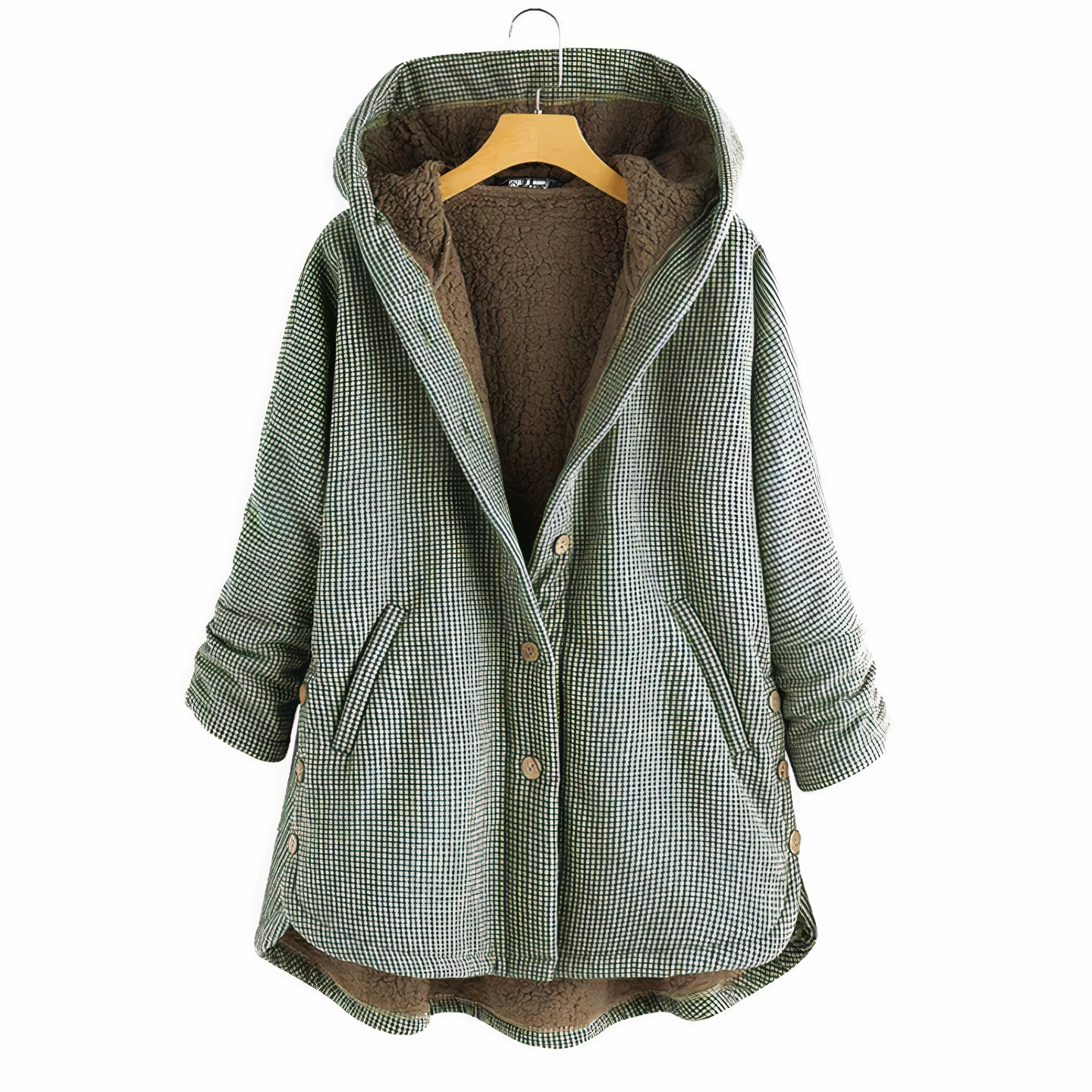 Karierter Wollmantel mit Kapuze für Damen
