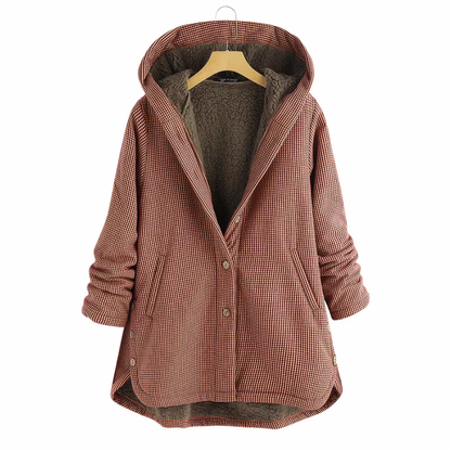 Karierter Wollmantel mit Kapuze für Damen