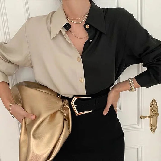 Valina Bluse | Vintage Zweifarbige Langarmbluse
