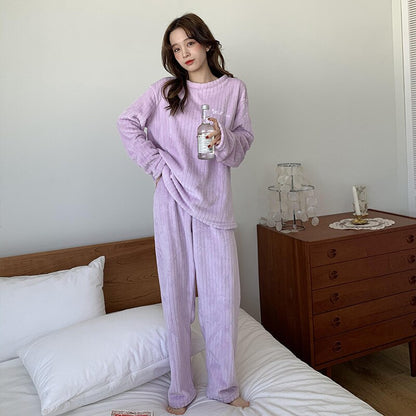 Bequemes Korallenfleece-Pyjama-Set | Warme 2-teilige Loungewear