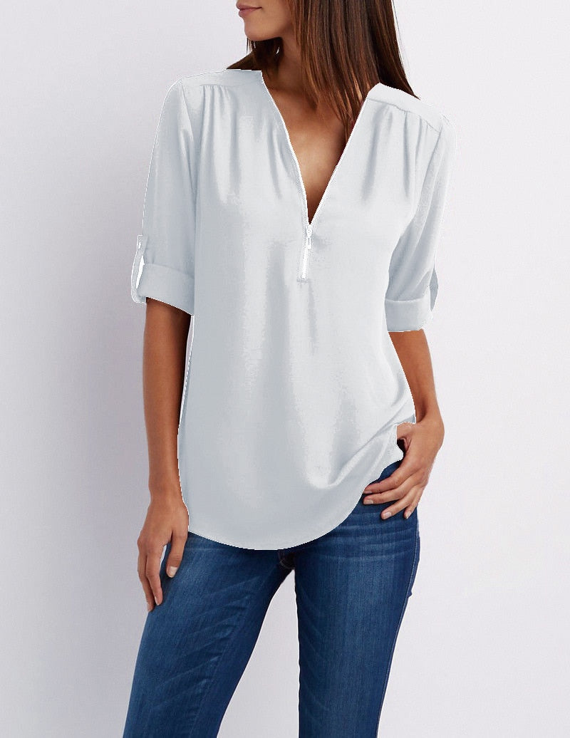 Plus Größe V-Ausschnitt Zip Long Sleeve Shirt | Sexy Casual Bluse für Frauen
