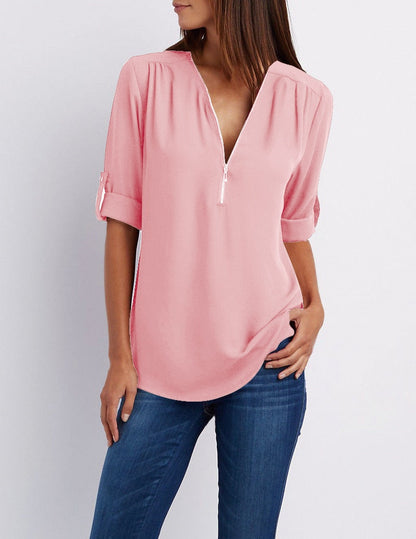 Plus Größe V-Ausschnitt Zip Long Sleeve Shirt | Sexy Casual Bluse für Frauen
