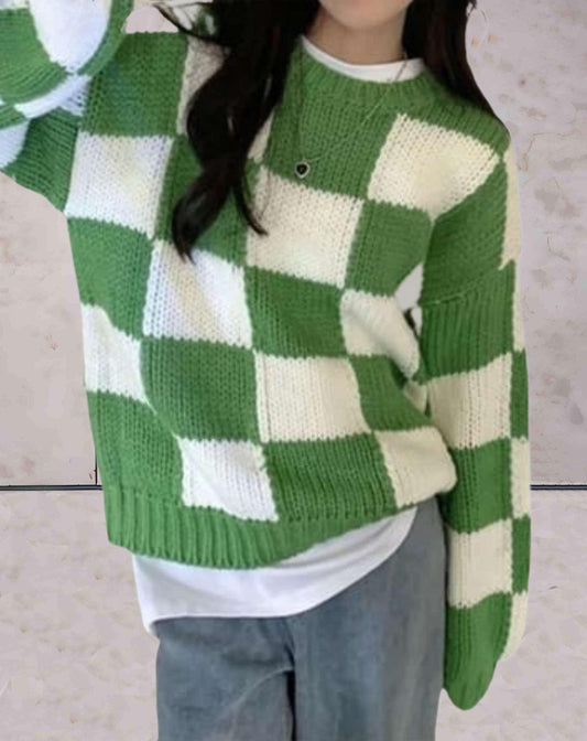 Selene - Einfacher Strickpullover mit Rundhalsausschnitt und quadratischen Mustern für Frauen