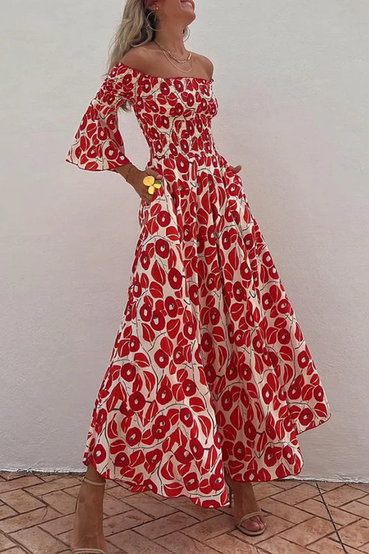 Halle - Gesmoktes Maxikleid mit Blumendruck und schulterfreien Taschen