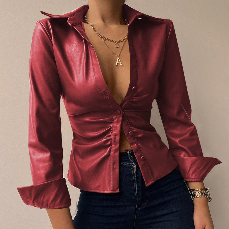 DANICA | Stylische PU Leder Patchwork Druck V-Ausschnitt Bluse