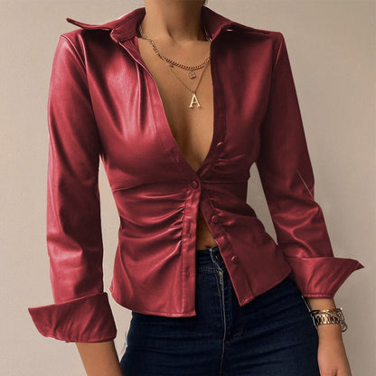 DANICA | Stylische PU Leder Patchwork Druck V-Ausschnitt Bluse