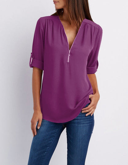 Plus Größe V-Ausschnitt Zip Long Sleeve Shirt | Sexy Casual Bluse für Frauen