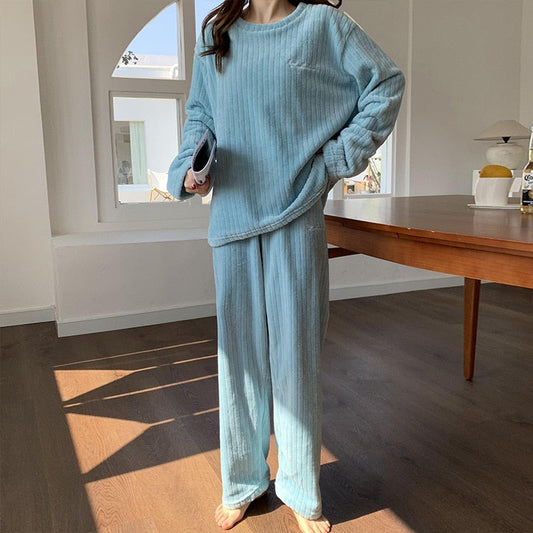 Bequemes Korallenfleece-Pyjama-Set | Warme 2-teilige Loungewear
