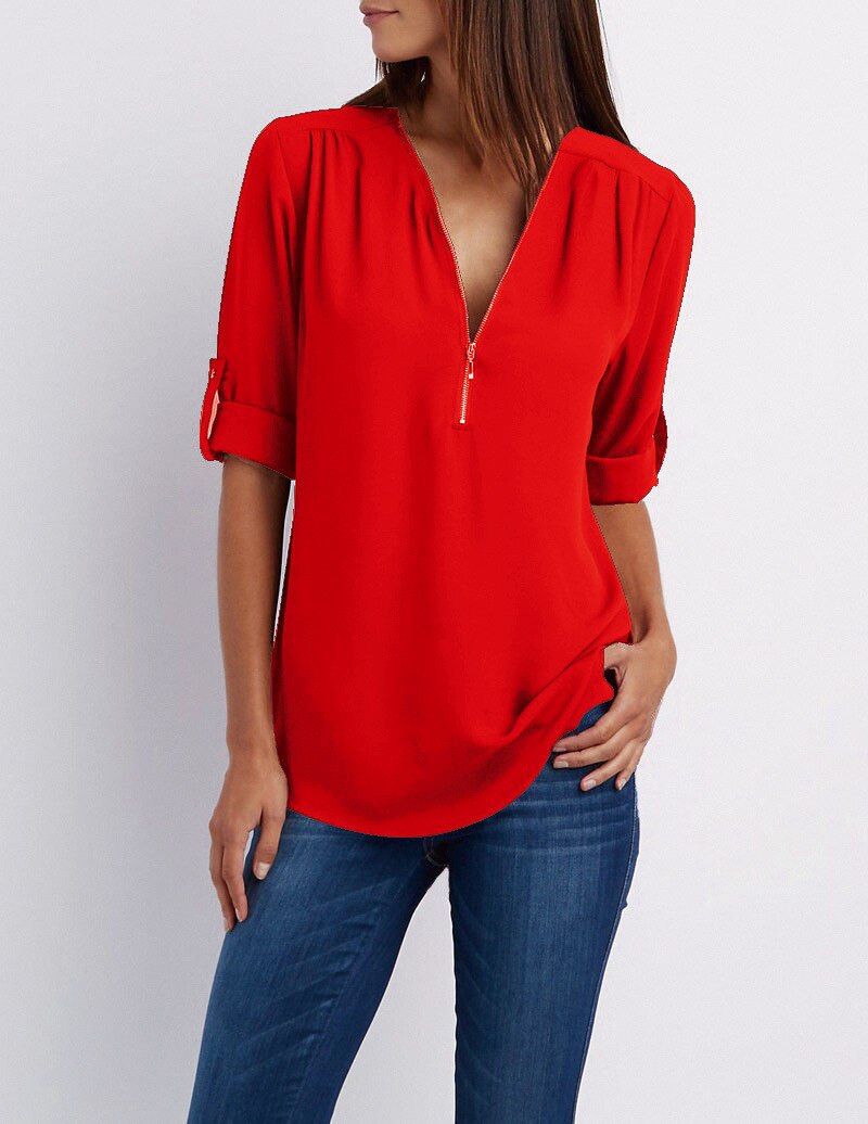 Plus Größe V-Ausschnitt Zip Long Sleeve Shirt | Sexy Casual Bluse für Frauen