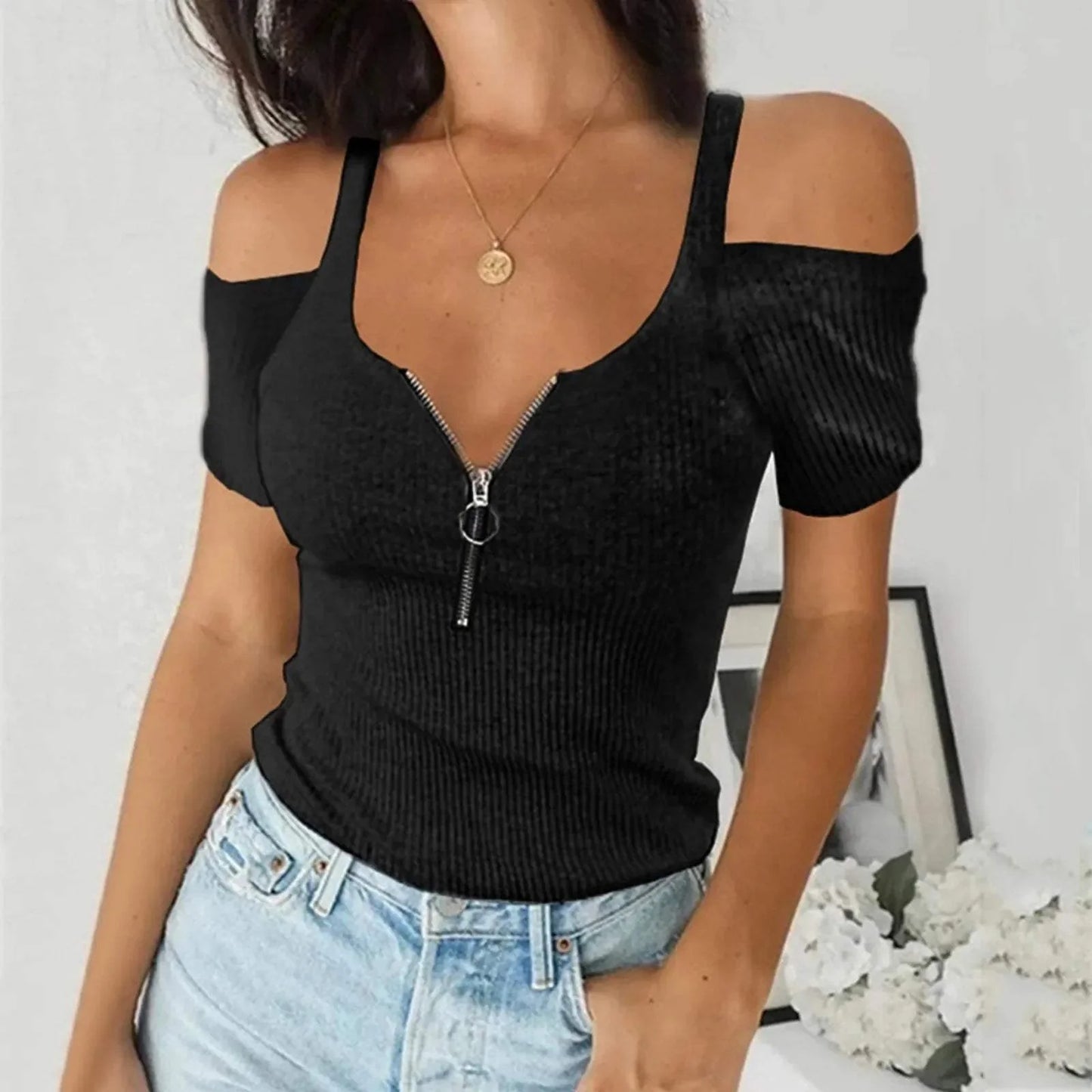 Schulterfreies Top - Trendy - Gerippter Stoff, tiefer V-Ausschnitt mit Reißverschluss - Perfekt für Freizeit und Abendgarderobe