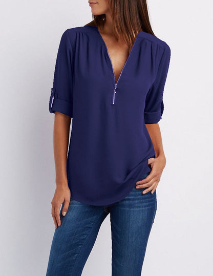 Plus Größe V-Ausschnitt Zip Long Sleeve Shirt | Sexy Casual Bluse für Frauen