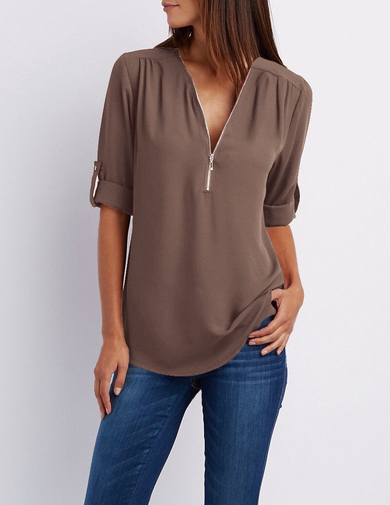 Plus Größe V-Ausschnitt Zip Long Sleeve Shirt | Sexy Casual Bluse für Frauen