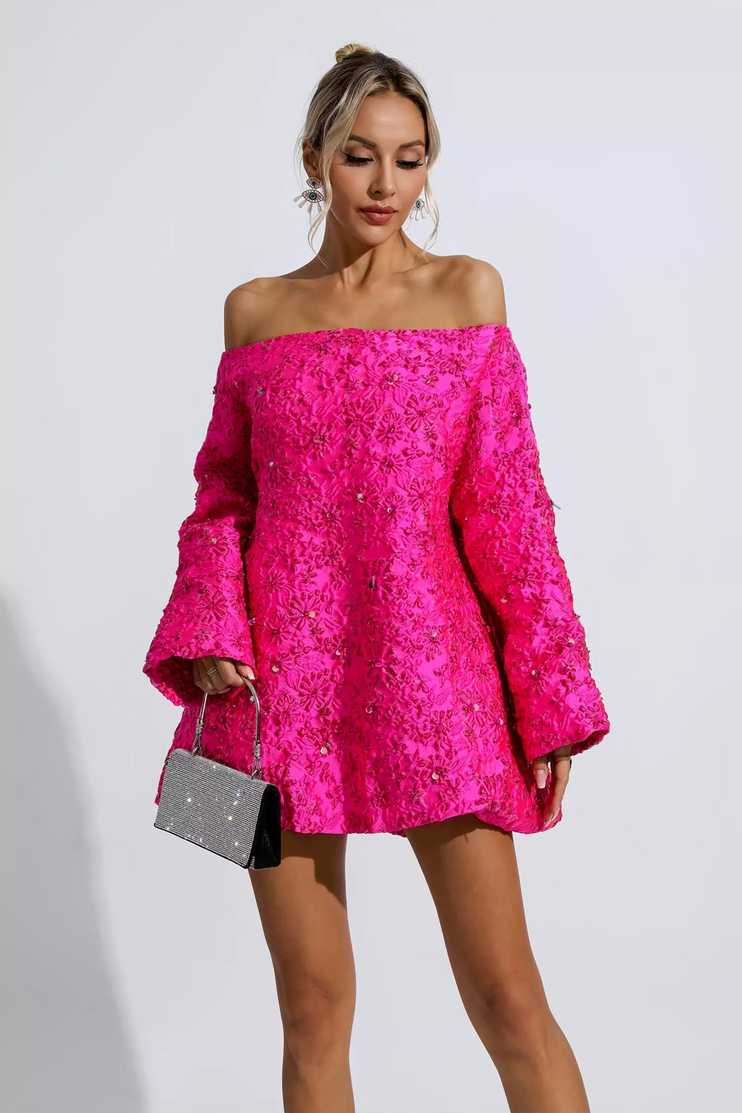 Eva | Rosa schulterfreies Blumenkleid
