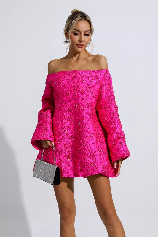 Eva | Rosa schulterfreies Blumenkleid