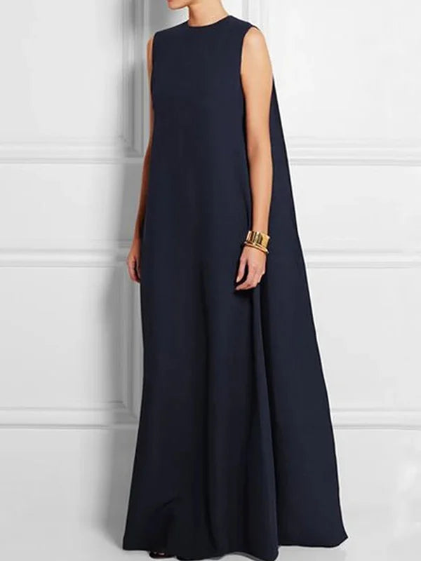 Inara - volles, einfaches, einfarbiges, ärmelloses, langes Kleid mit V-Rücken