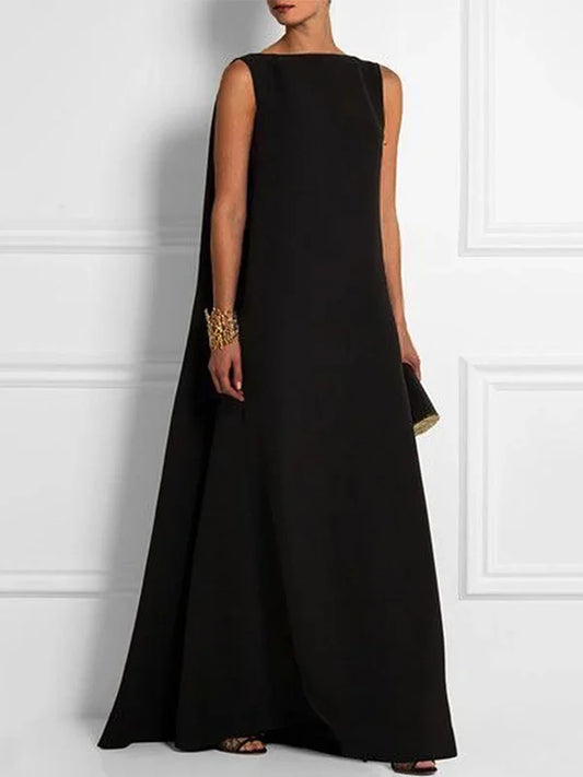 Inara - volles, einfaches, einfarbiges, ärmelloses, langes Kleid mit V-Rücken