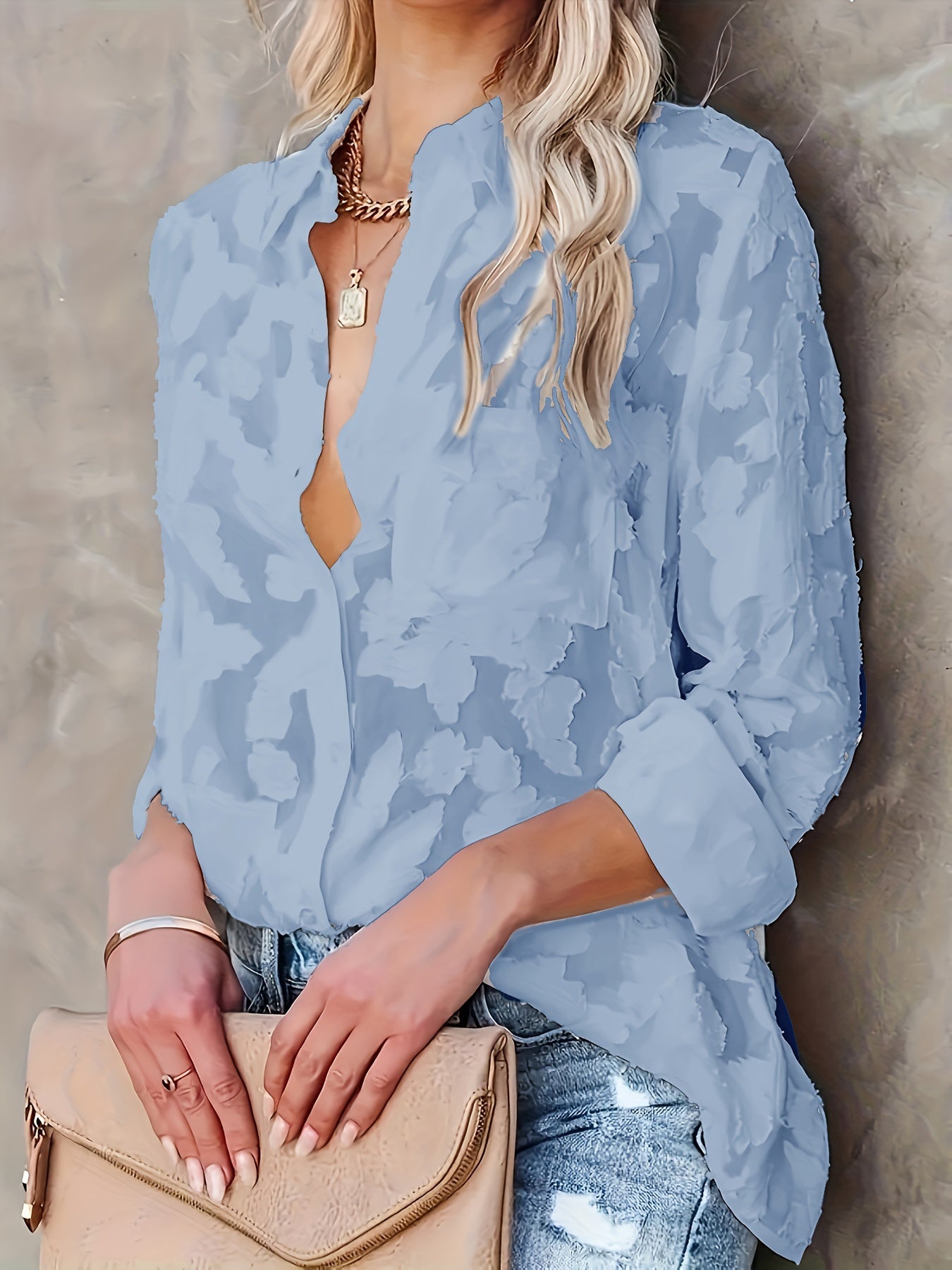 Jacquard-Bluse mit durchsichtigem Stoff - gewebtes Design und lange Ärmel