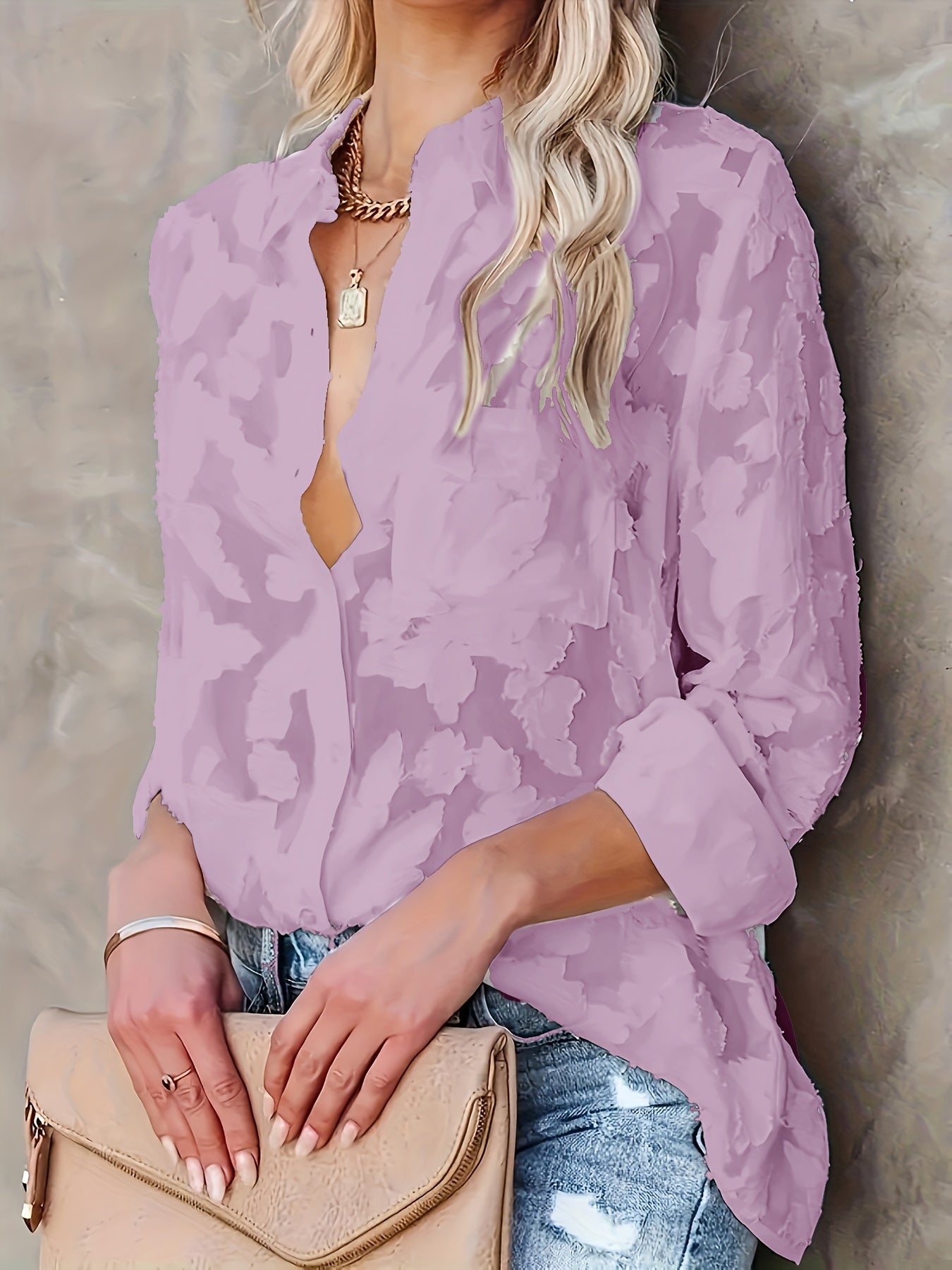 Jacquard-Bluse mit durchsichtigem Stoff - gewebtes Design und lange Ärmel