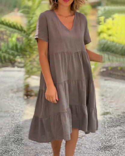 Janina - Kleid aus Baumwolle und Leinen mit V-Ausschnitt