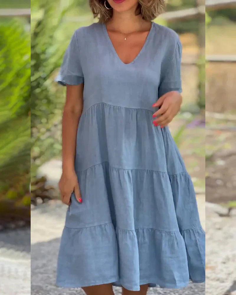 Janina - Kleid aus Baumwolle und Leinen mit V-Ausschnitt