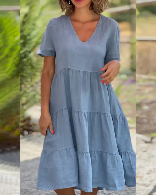 Janina - Kleid aus Baumwolle und Leinen mit V-Ausschnitt