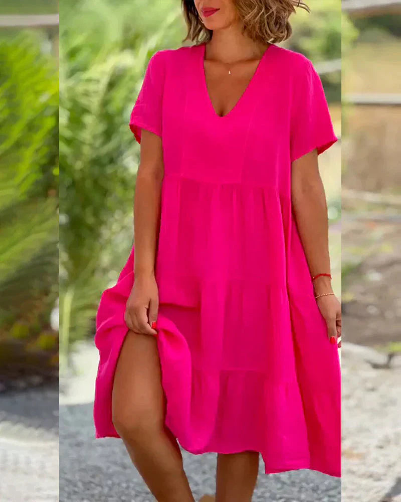 Janina - Kleid aus Baumwolle und Leinen mit V-Ausschnitt