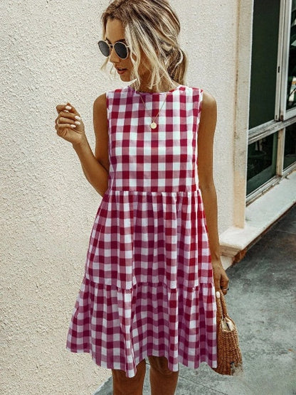 Jhana - Locker geschnittenes Damenkleid mit modischem Rundhalsausschnitt und pastellfarbenem Karo-Rock