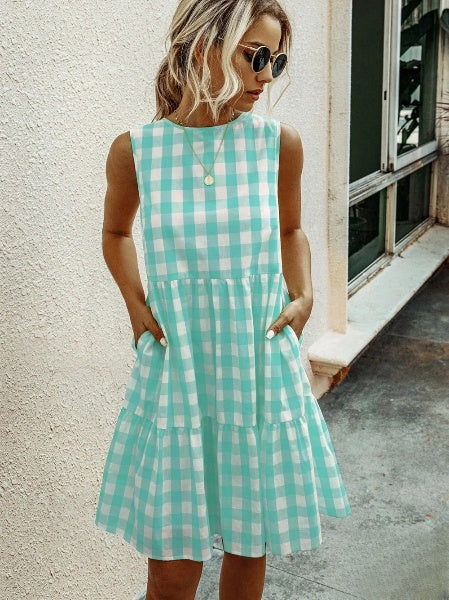Jhana - Locker geschnittenes Damenkleid mit modischem Rundhalsausschnitt und pastellfarbenem Karo-Rock