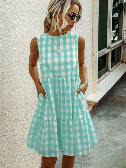 Jhana - Locker geschnittenes Damenkleid mit modischem Rundhalsausschnitt und pastellfarbenem Karo-Rock
