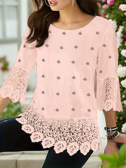 Bluse mit Spitzenbesatz und Rundhalsausschnitt - halbtransparentes Design und 3/4-Ärmel