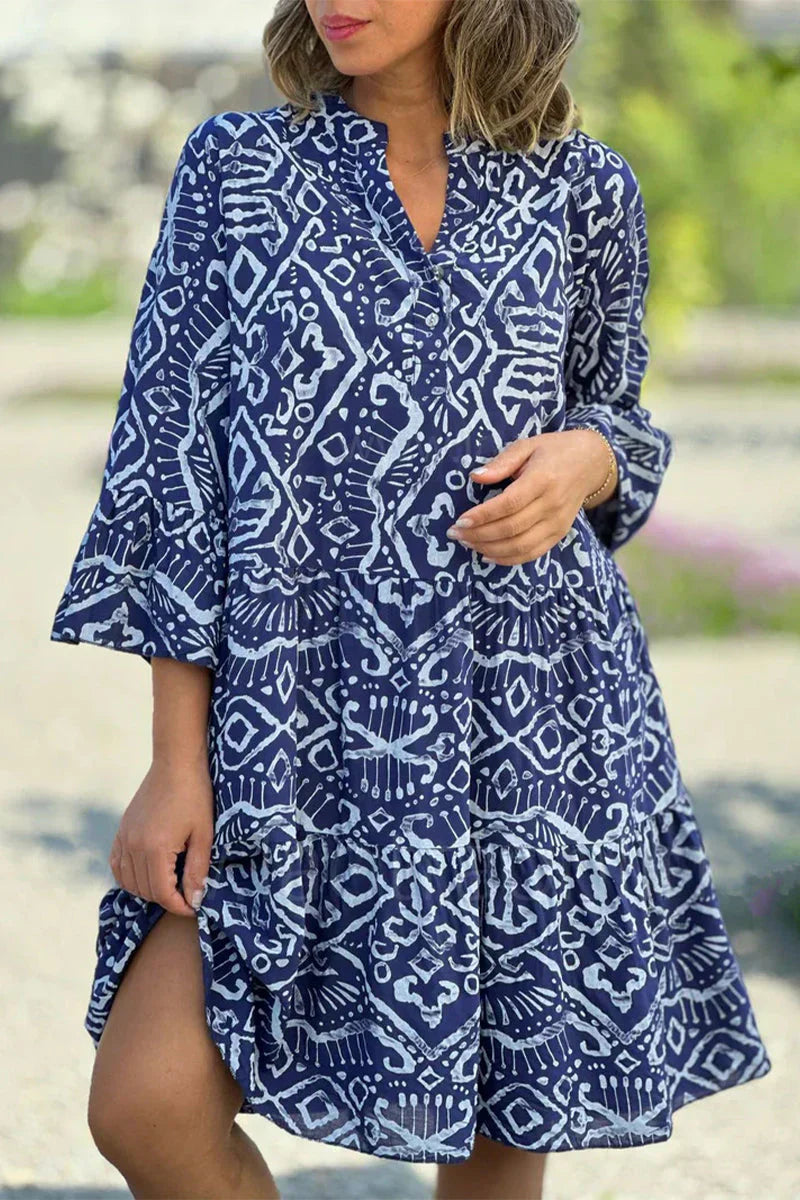 Kelly - Freizeitkleid mit geometrischem Druck und Knöpfen, V-Ausschnitt, Tortenrock