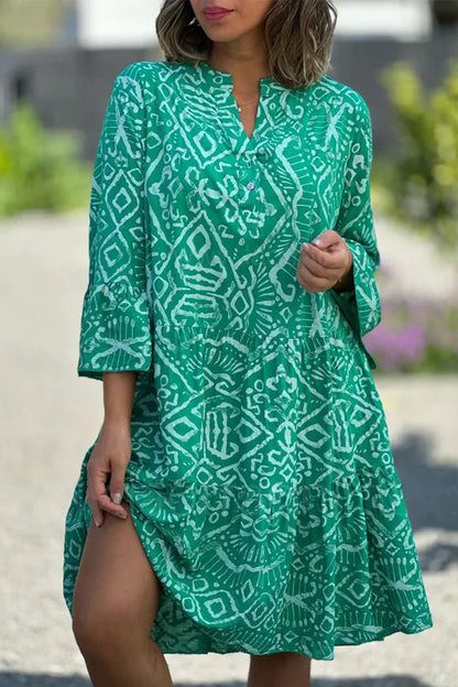 Kelly - Freizeitkleid mit geometrischem Druck und Knöpfen, V-Ausschnitt, Tortenrock