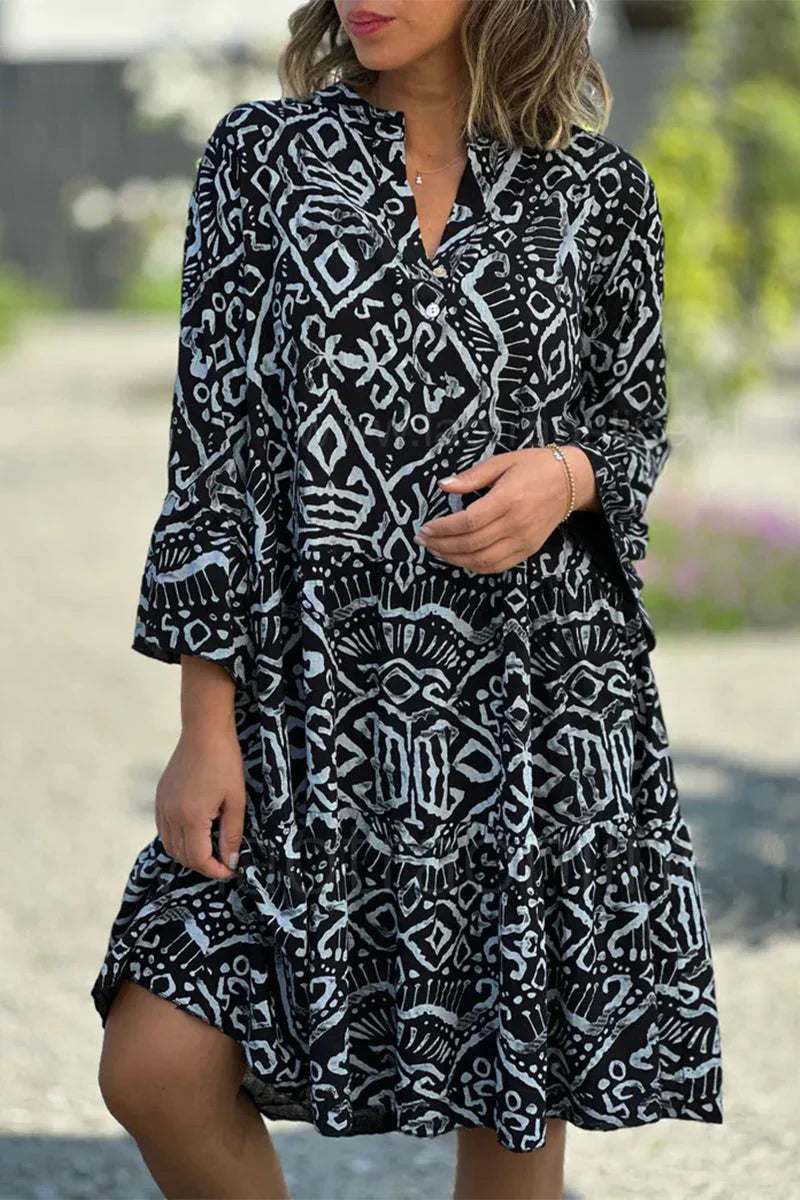 Kelly - Freizeitkleid mit geometrischem Druck und Knöpfen, V-Ausschnitt, Tortenrock