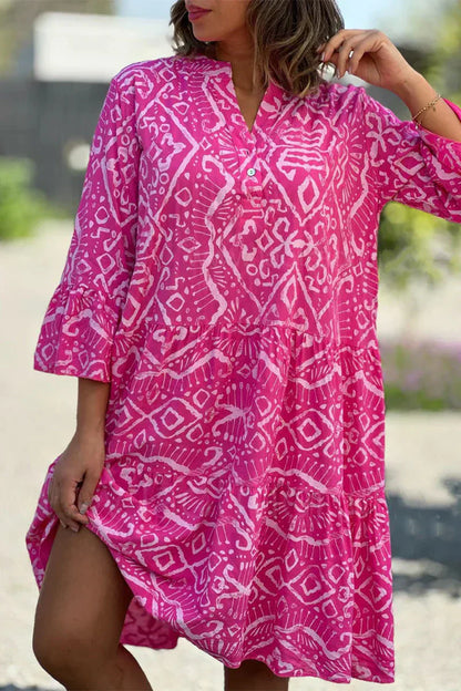 Kelly - Freizeitkleid mit geometrischem Druck und Knöpfen, V-Ausschnitt, Tortenrock