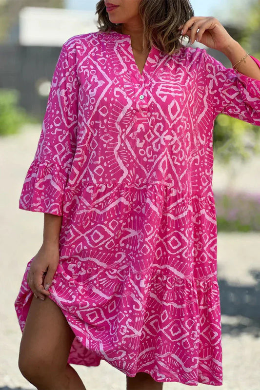 Kelly - Freizeitkleid mit geometrischem Druck und Knöpfen, V-Ausschnitt, Tortenrock
